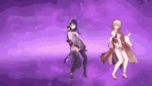 two anime girls are dancing together on a purple background in a video game .