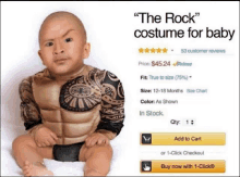 a baby in a rock costume sits on a white surface