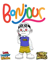 a cartoon of a monkey holding a cell phone with the word bonjour in the background