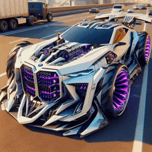 a futuristic car with purple lights on the front