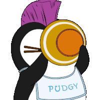 a cartoon penguin with a bib that says pudgy