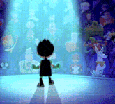 a cartoon character is standing in front of a display of cartoon characters including a dog