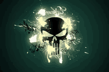 a punisher skull is surrounded by graffiti on a dark background