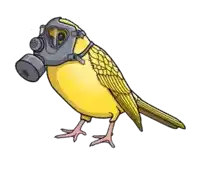 a yellow bird is wearing a gas mask