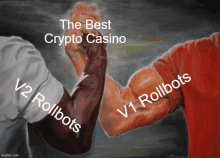 a painting of two men shaking hands with the caption the best crypto casino v2 rollbots v1 rollbots