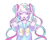 a pixel art drawing of a girl with pigtails and a bow in her hair