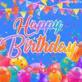 a happy birthday cameo animated greeting with balloons and confetti