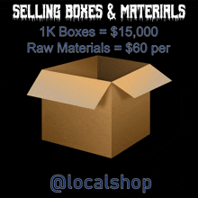 a cardboard box with the words selling boxes & materials on it