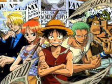 a group of anime characters are standing in front of wanted posters including one for monkey d luffy