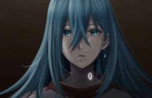 a girl with long blue hair has a circle around her neck