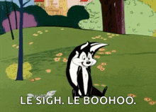 a cartoon cat is sitting in the grass with the words `` le sigh , le boohoo '' written on it .