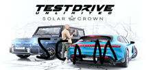 a poster for testdrive unlimited solar crown shows a man standing next to a blue car