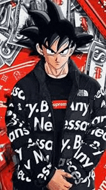 goku from dragon ball z is wearing a supreme jacket and standing in front of a pile of money .