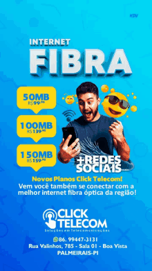 an advertisement for internet fibra shows a man holding a cellphone