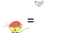 a cartoon character is holding a stick and the word proof is written above him