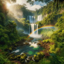 a waterfall in the middle of a lush green forest