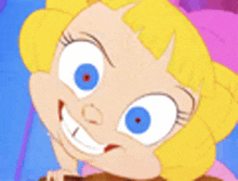 a close up of a cartoon character with blonde hair and blue eyes making a funny face