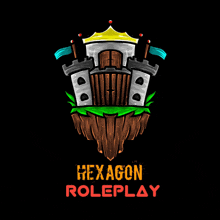 a logo for hexagon roleplay with a castle on a small island