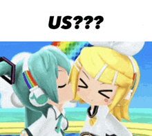 a picture of two anime girls kissing with the caption us