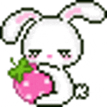 a pixel art of a bunny eating a strawberry .