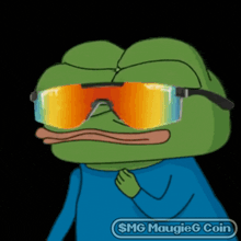 a cartoon frog wearing sunglasses and a blue shirt with the words $ mg maugieg coin below it