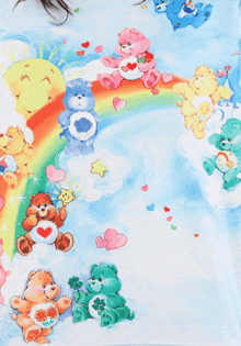 a painting of care bears in the clouds with a rainbow