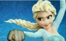 a close up of a cartoon character from frozen holding a fist in the air .