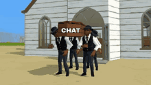 a group of men are carrying a coffin with the word chat on it