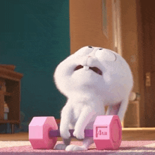 a cartoon rabbit is lifting a pink dumbbell on a rug .