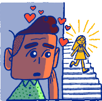 a cartoon drawing of a man looking at a girl walking down stairs