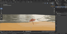 a computer screen shows a beach scene with an umbrella in the foreground