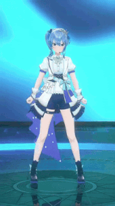 a blue haired anime girl is standing in front of a blue backdrop