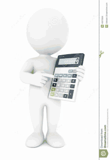 a 3d man is holding a calculator and pointing to it