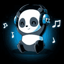 a panda bear is wearing headphones with skulls on them and listening to music .