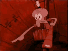 squidward from spongebob squarepants is holding a bucket and pointing at something .