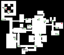 a black and white map of a building with numbers and triangles on it