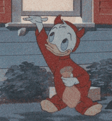 a cartoon of donald duck dressed as a devil is standing next to a window .