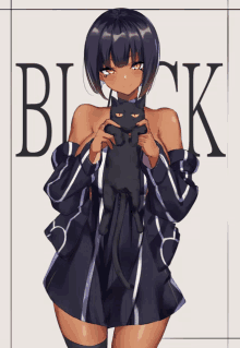 a girl in a black dress is holding a black cat in front of the word " black "