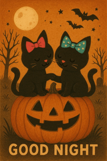 two black cats sitting on top of a pumpkin with the words good night on the bottom