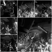 a collage of black and white photos of a band playing a concert