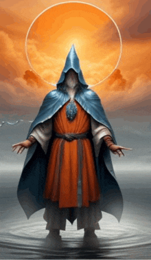 a painting of a wizard with a blue cape and a circle around his head