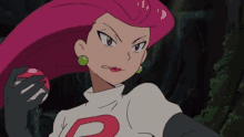 a cartoon character with long pink hair is holding a pokeball .