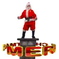 santa claus is standing on a chimney with merry christmas written in gold letters