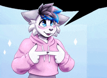 a furry character wearing a pink hoodie is making a peace sign