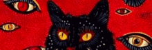 a black cat is surrounded by many different eyes on a red background .