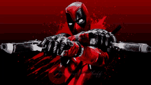 a painting of deadpool holding two guns with a red background and a signature