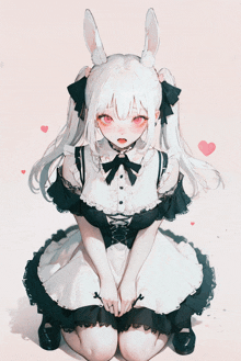 a girl with white hair and bunny ears wearing a black and white dress