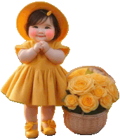 a little girl in a yellow dress is standing next to a basket of yellow flowers