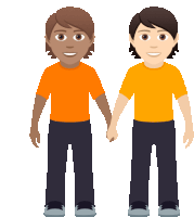 a cartoon of two men holding hands with one wearing an orange shirt