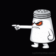a salt shaker with an angry face pointing to the word that was